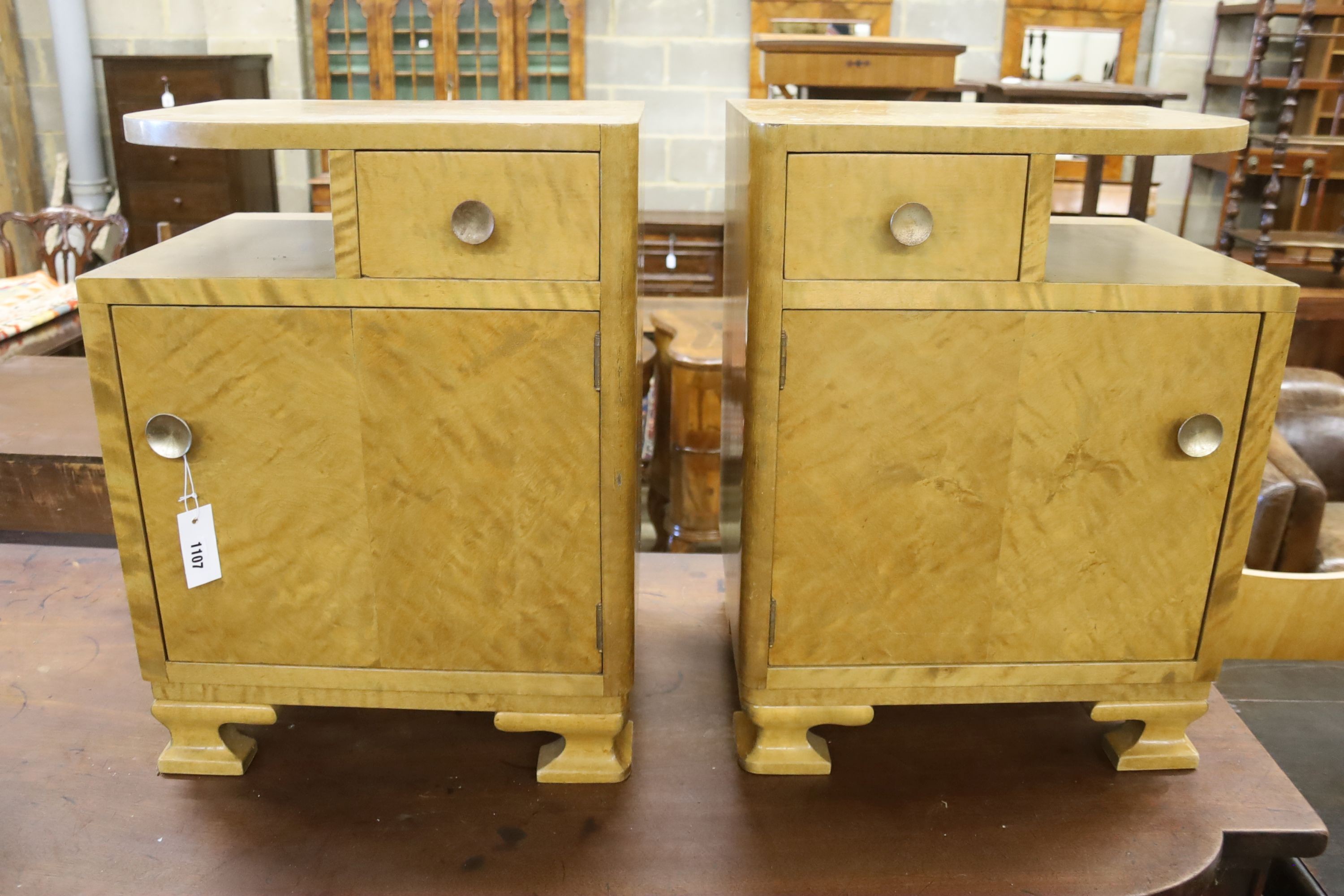 A pair of Deco style maple bedside cabinets, width 45cm, depth 35cm, height 60cm